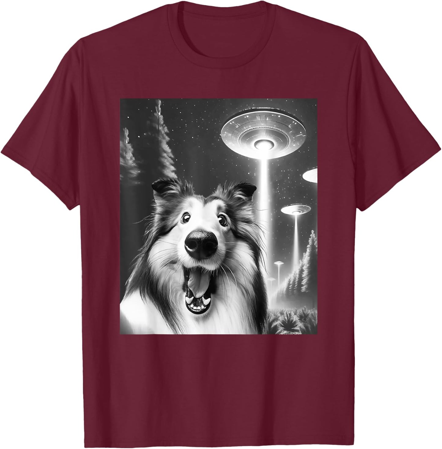 Funny Rough Collie Alien UFO Taking a Selfie Dog Mom Dad Women Kids T-Shirt - T-Shirt | Maroon
