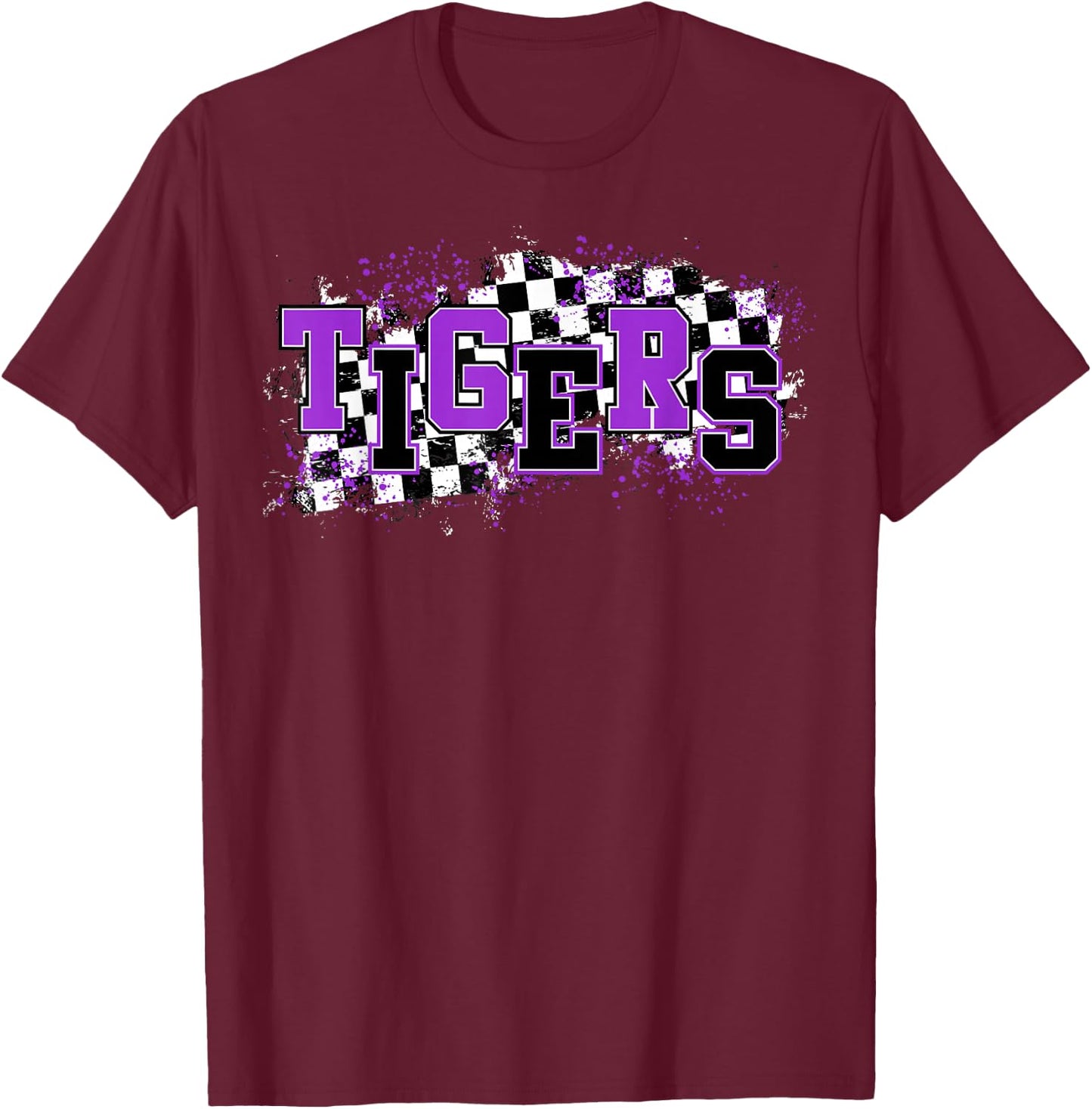 Tigers School Spirit Tiger Pride Purple Black Tigers Checker T-Shirt - T-Shirt | Maroon