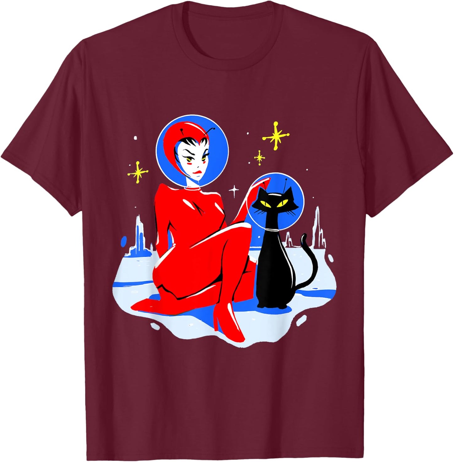 Mid Century Space Cat Retro Atomic Age Alien Pin Up Girl T-Shirt - T-Shirt | Maroon