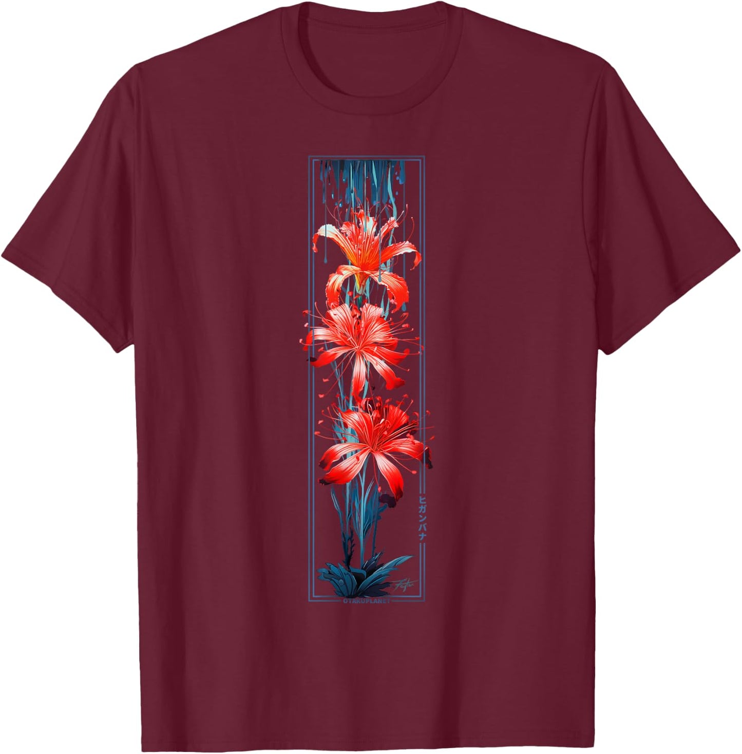 Red Spider Lily Flower in Japanese grunge Aesthetic Style T-Shirt - T-Shirt | Maroon