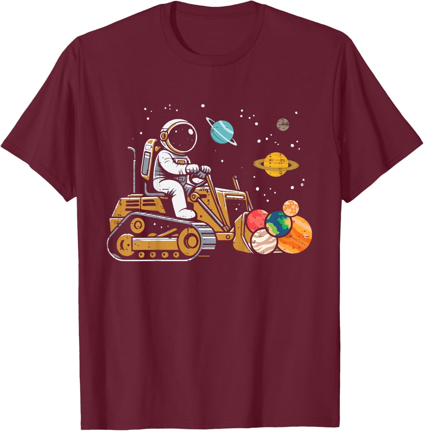 Kids Astronaut Bulldozer Planets Space Construction Boys Kids T-Shirt - T-Shirt | Maroon