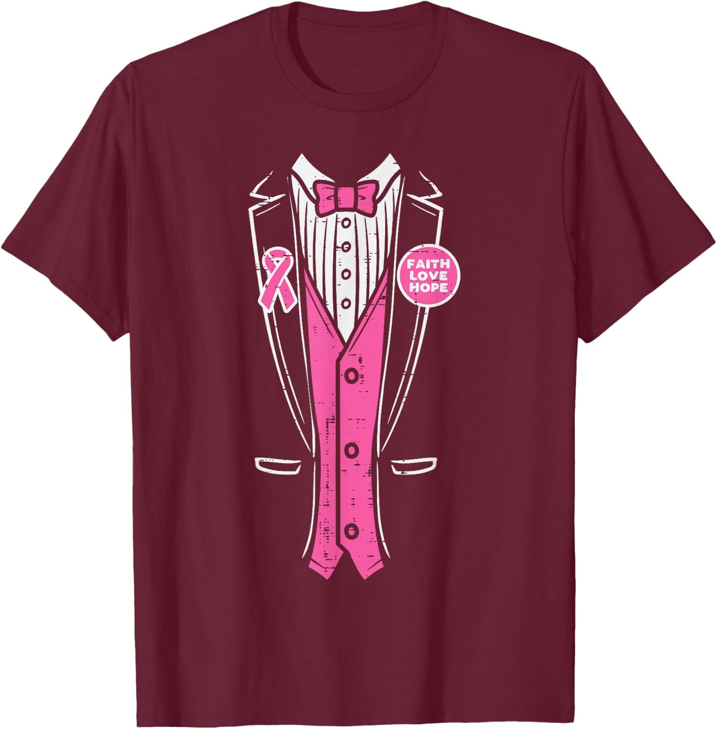 Pink Ribbon Tuxedo Breast Cancer Awareness Men Boys T-Shirt - T-Shirt | Maroon