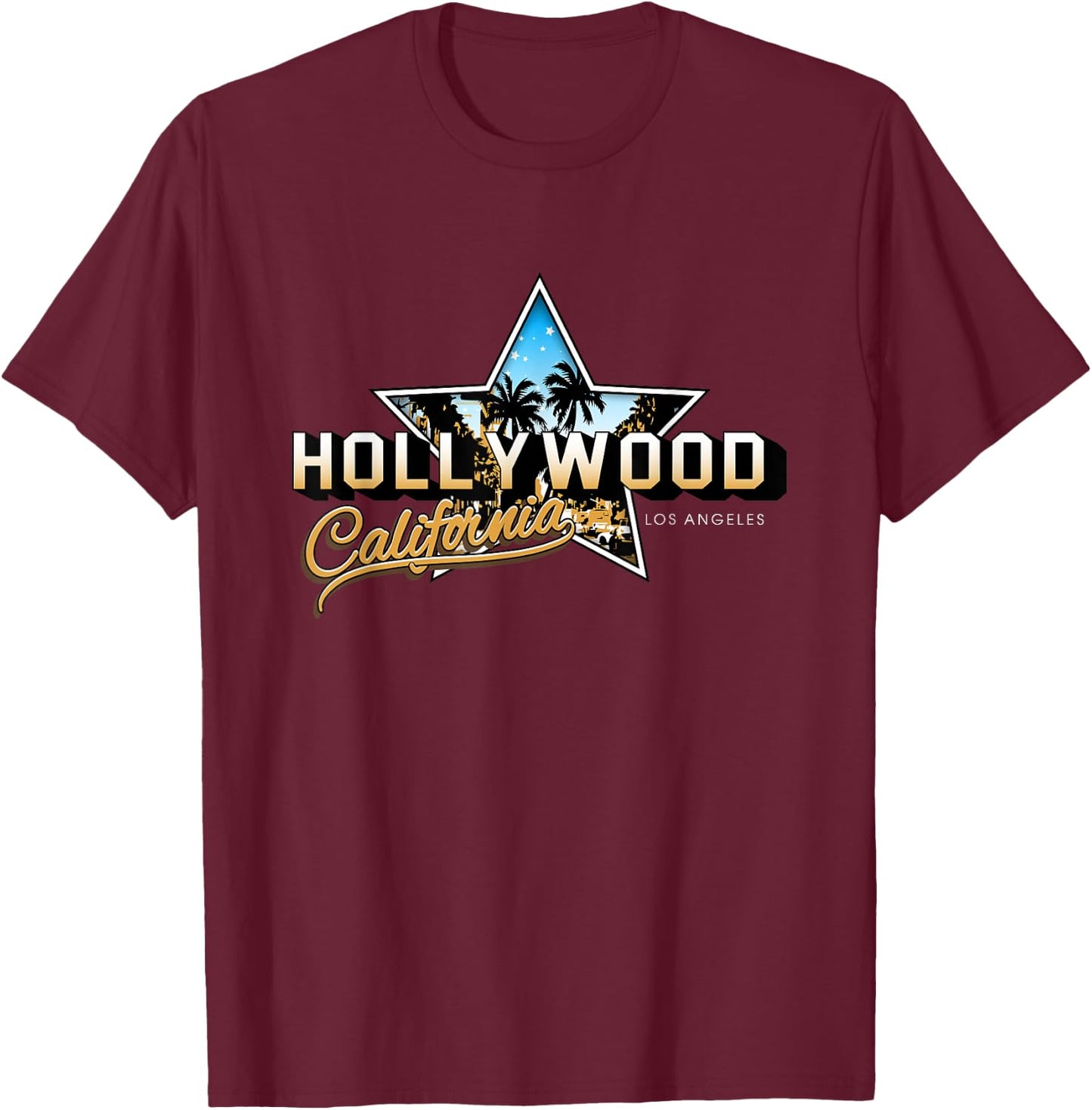 Cool Hollywood Los Angeles California Stars Novelty Graphic T-Shirt - T-Shirt | Maroon