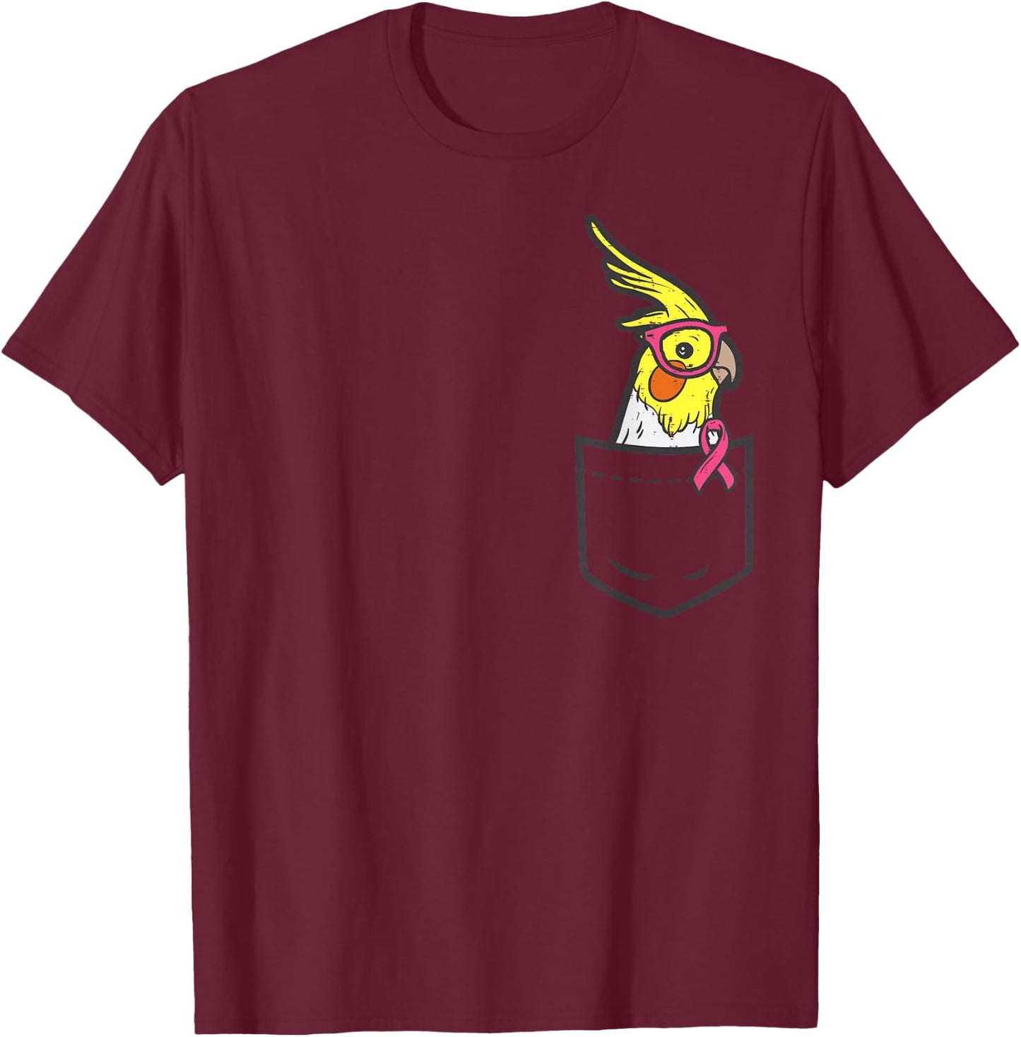 Pocket Cockatiel Bird Pink Ribbon Breast Cancer Awareness T-Shirt - T-Shirt | Maroon