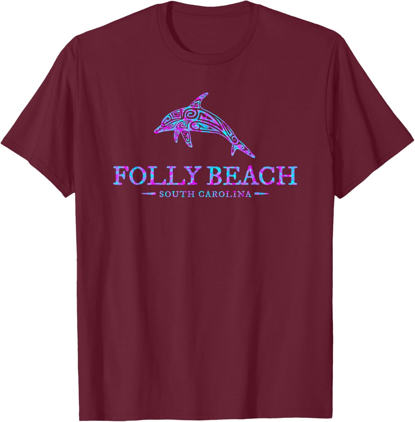 Folly Beach SC Colorful Dolphin Vacation Souvenir T-Shirt - T-Shirt | Maroon
