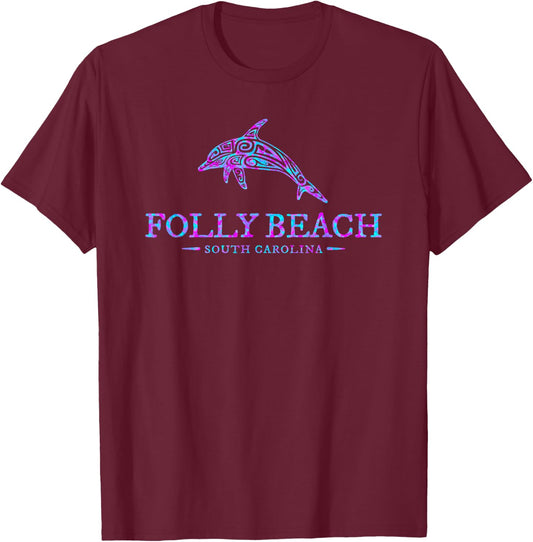 Folly Beach SC Colorful Dolphin Vacation Souvenir T-Shirt - T-Shirt | Maroon