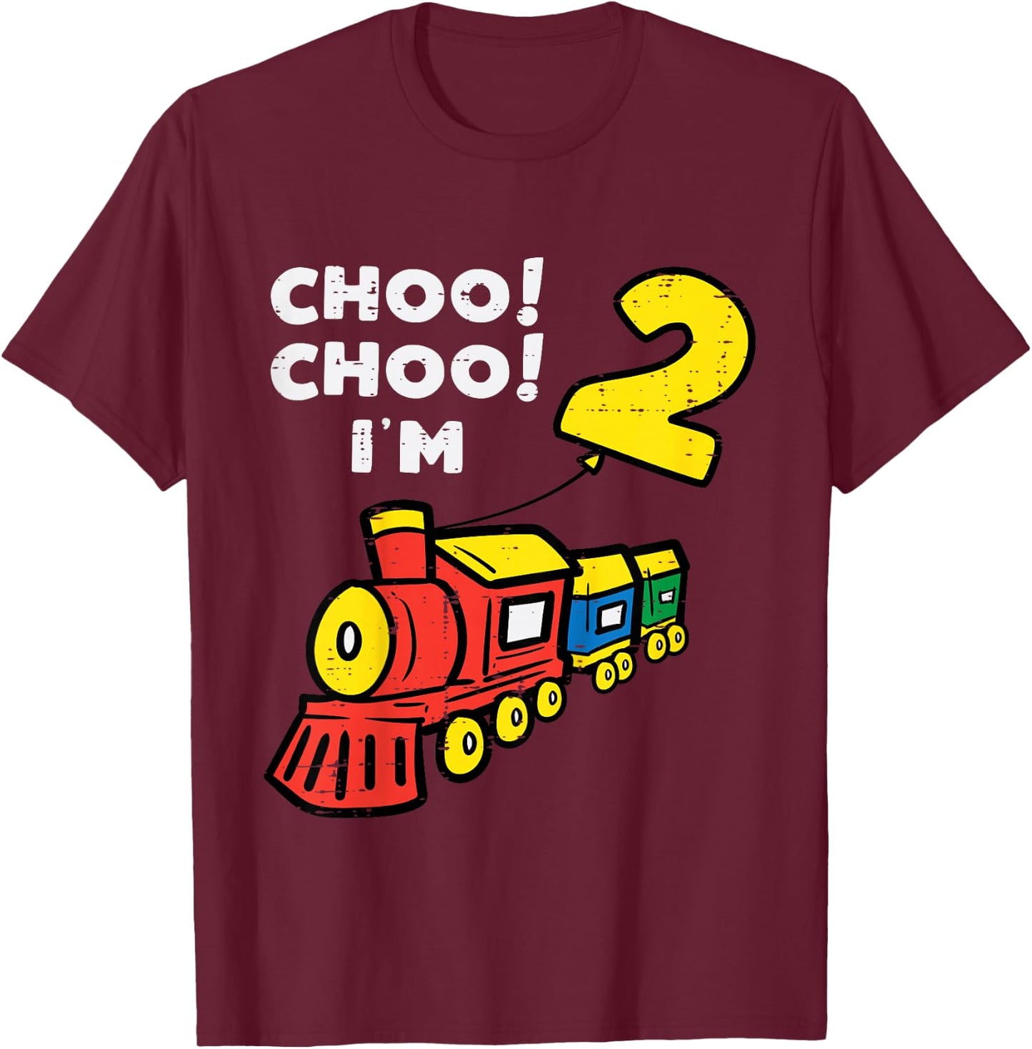 Kids 2nd Birthday Train Choo Choo Im 2 Years old Bday Boys Kids T-Shirt - T-Shirt | Maroon