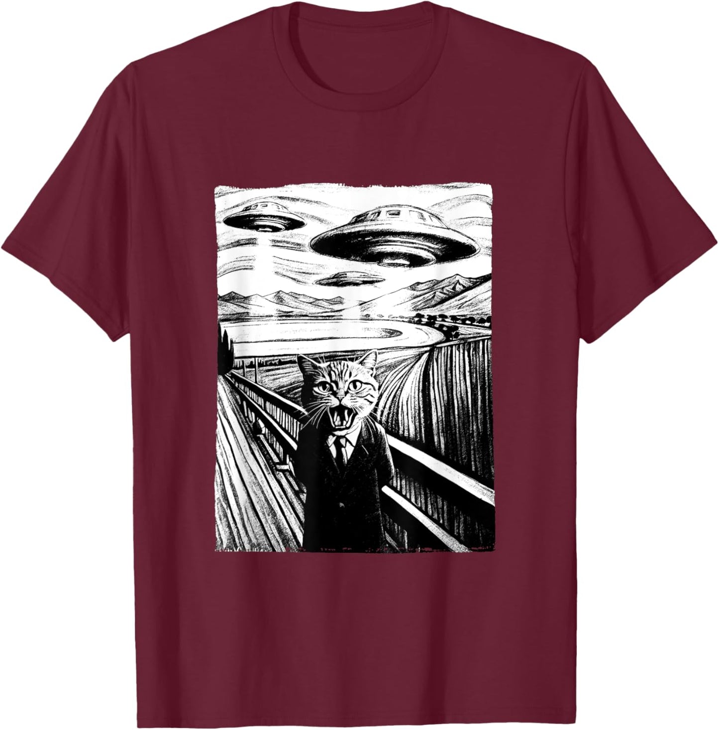 Cat Selfie with Alien and Ufo Men Women Kids T-Shirt - T-Shirt | Maroon