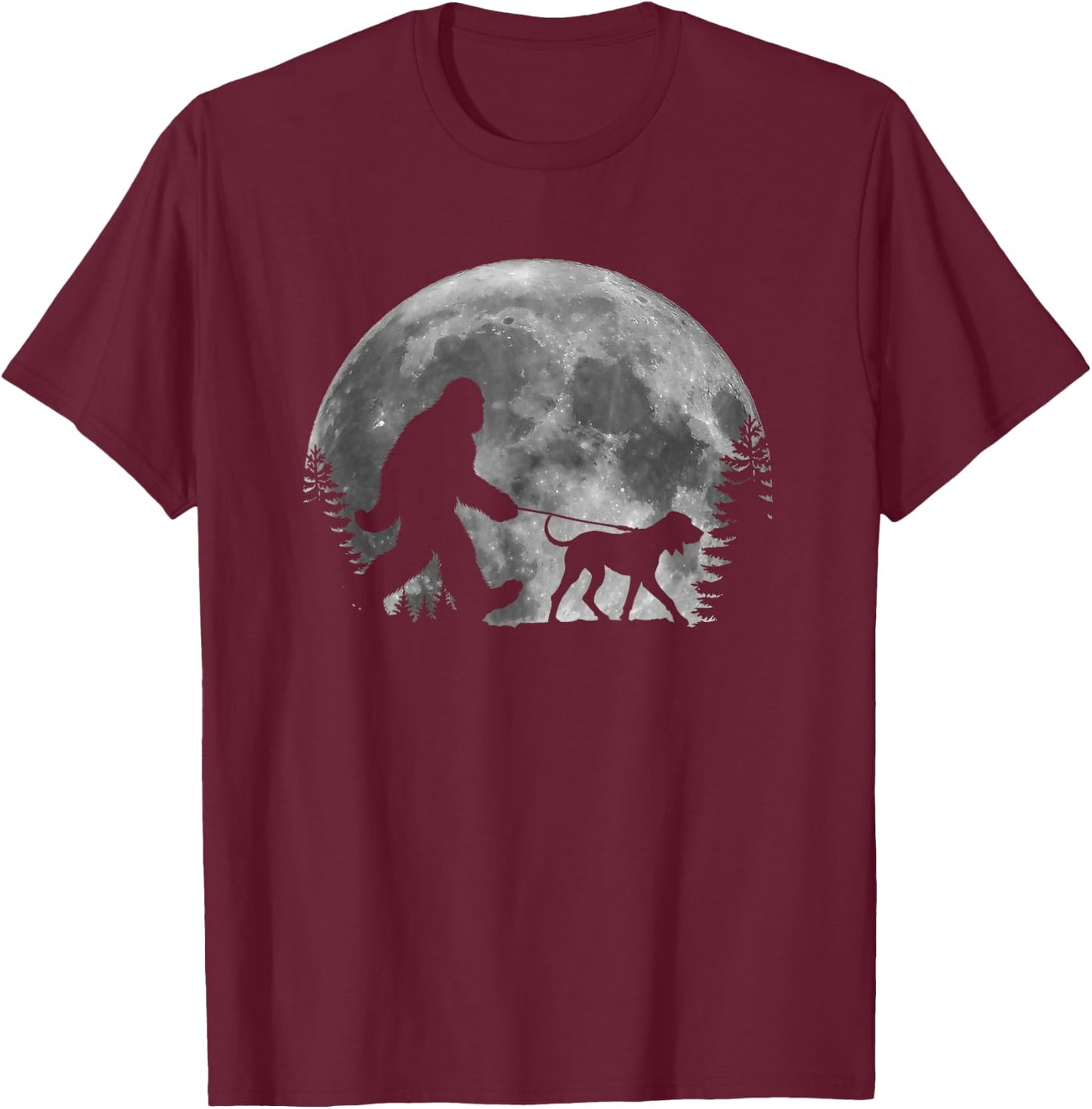 Bigfoot Walking a Dog Funny Coonhound Lovers Moon Halloween Men Women Kids T-Shirt - T-Shirt | Maroon