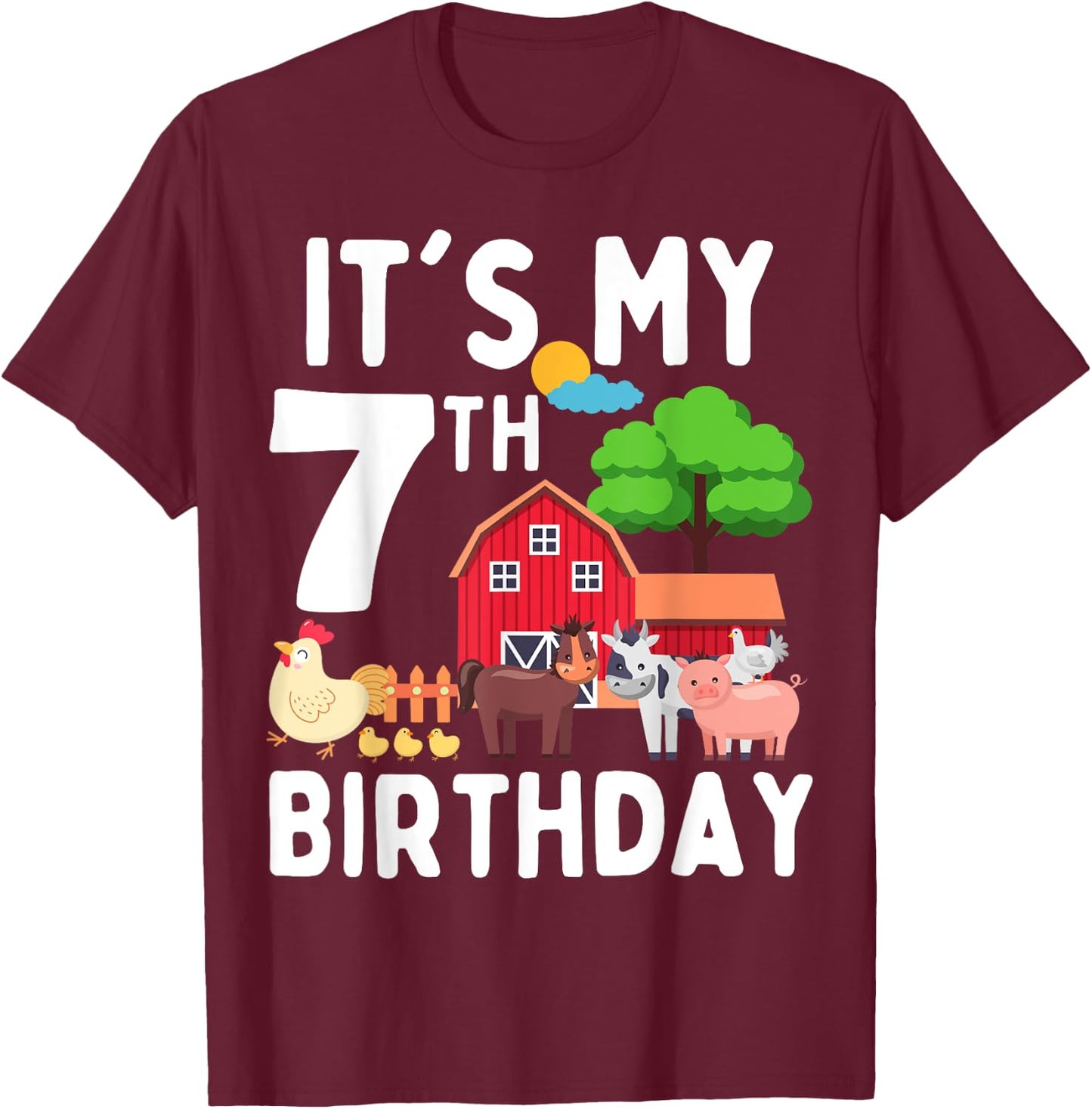 It's My 7th Birthday 7 Years Old Farm Animals Theme for Kids T-Shirt - T-Shirt | Maroon