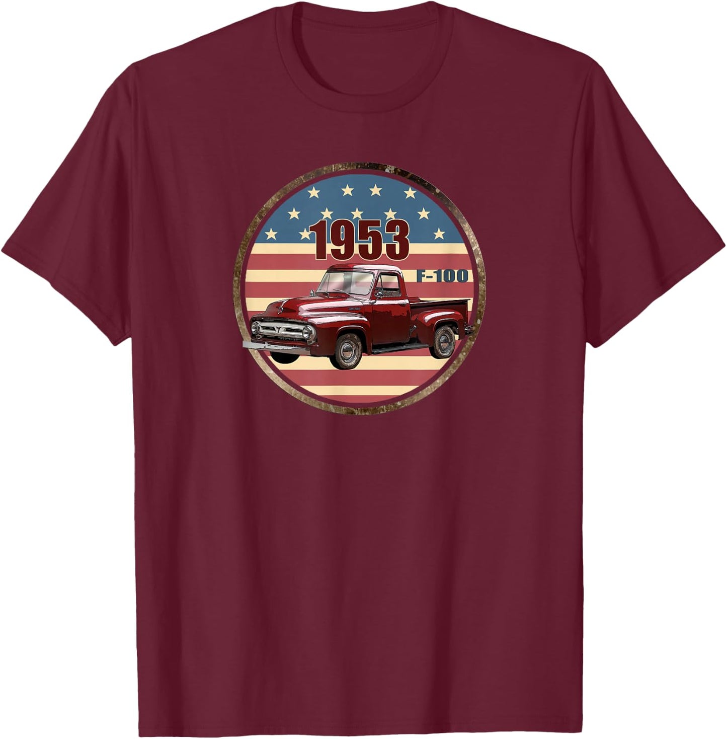 Vintage 1953 F-100, Red Pick Up Trucks, Hot Rod, Patriotic T-Shirt - T-Shirt | Maroon