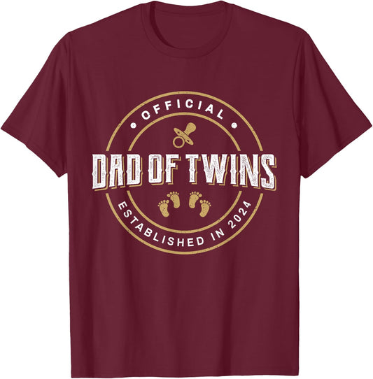 Dad of Twins 2024 New Dad To Be Expecting Daddy of Twins T-Shirt - T-Shirt | Maroon