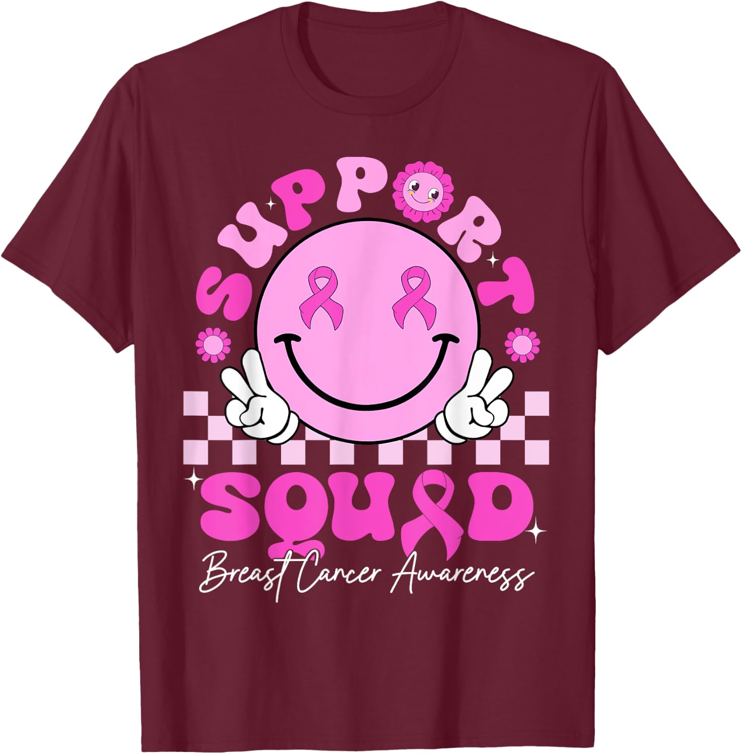 Retro Groovy Support Squad Breast Cancer Awareness October T-Shirt - T-Shirt | Maroon
