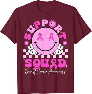 Retro Groovy Support Squad Breast Cancer Awareness October T-Shirt - T-Shirt | Maroon