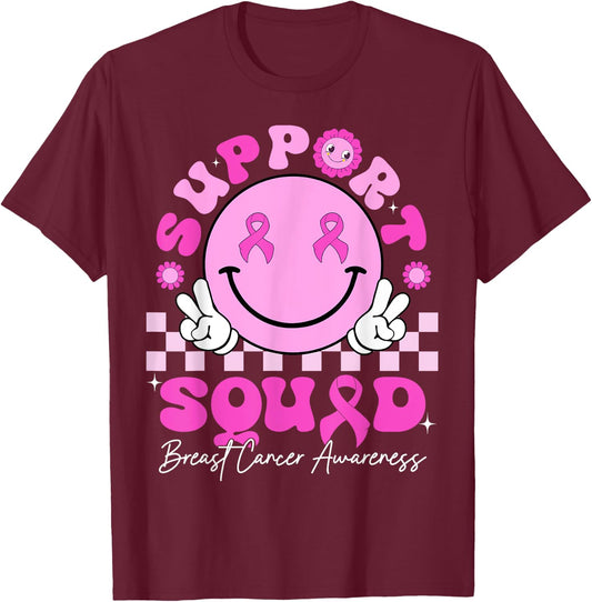 Retro Groovy Support Squad Breast Cancer Awareness October T-Shirt - T-Shirt | Maroon