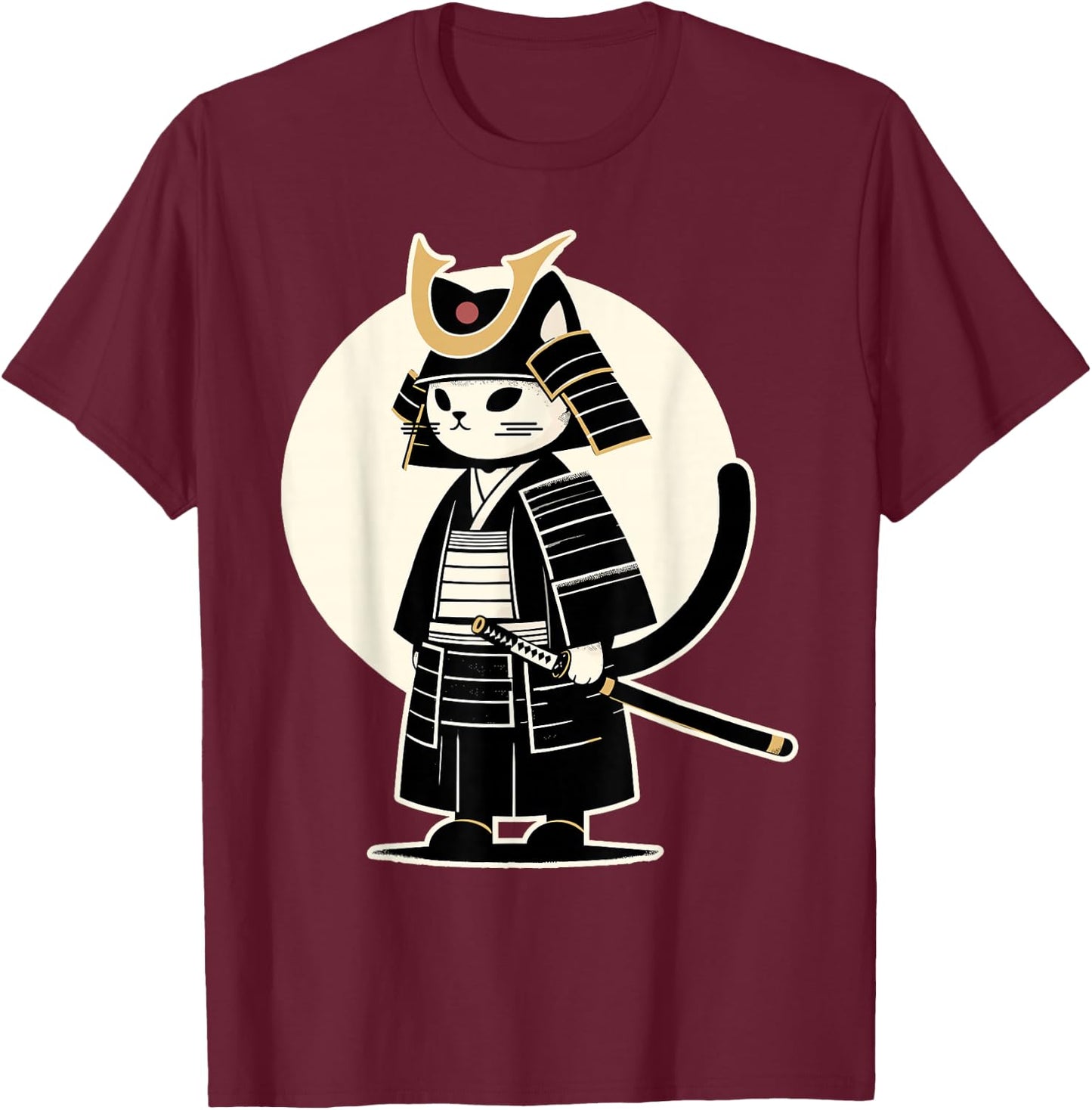 Kawaii Cat Anime Japanese Retro Samurai Novelty Funny Cat T-Shirt - T-Shirt | Maroon