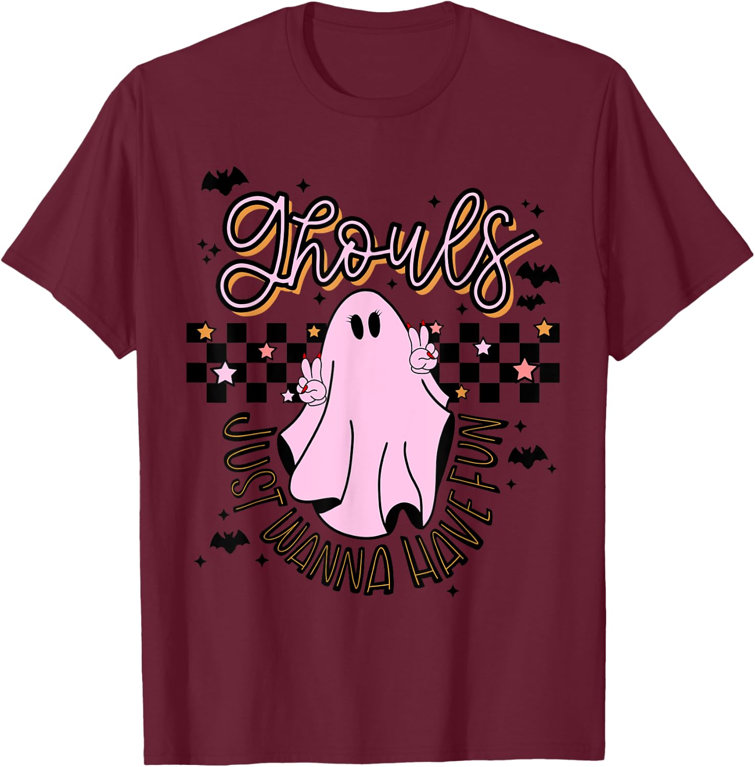 Ghouls just want to have fun, pink, peace sign, halloween T-Shirt - T-Shirt | Maroon