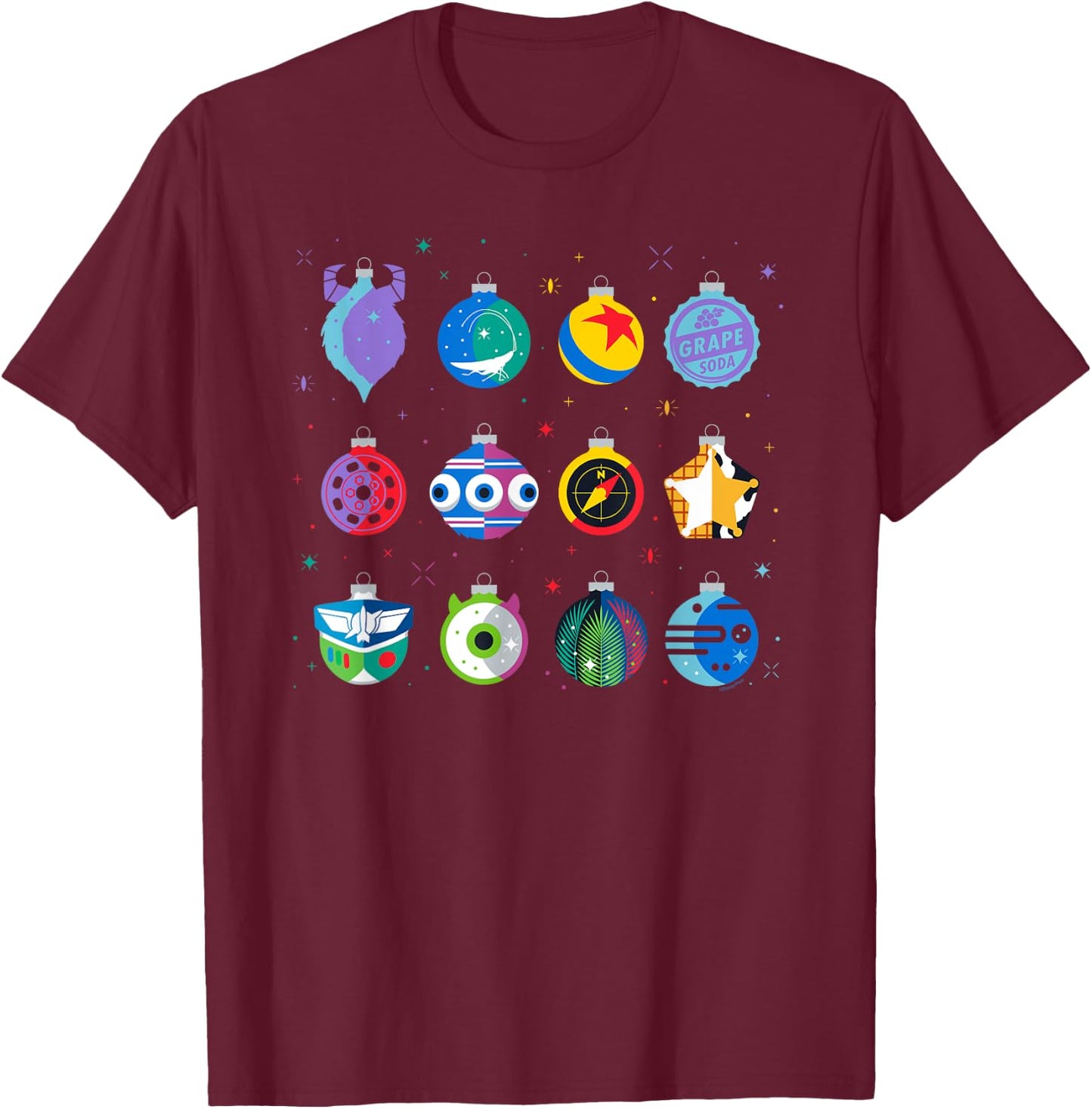 Disney and Pixar Christmas 12 Holiday Character Ornaments T-Shirt - T-Shirt | Maroon