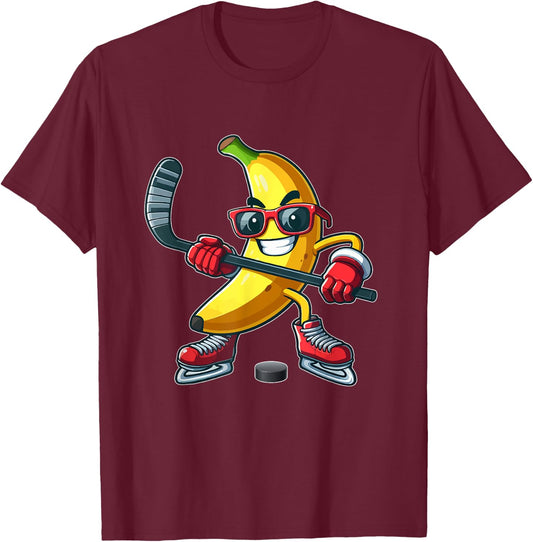 Banana Sunglasses Playing Hockey Funny Fruit Sport Player T-Shirt - T-Shirt | Maroon
