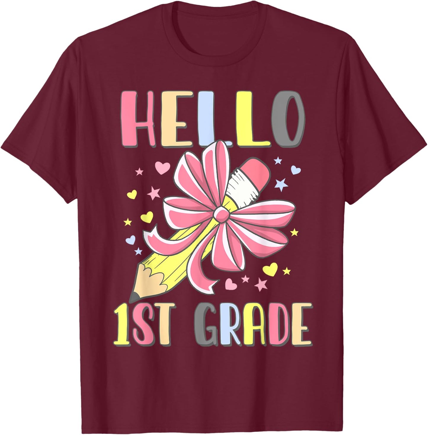 Hello First Grade Girl Coquette Bow Back To School 1st Grade T-Shirt - T-Shirt | Maroon