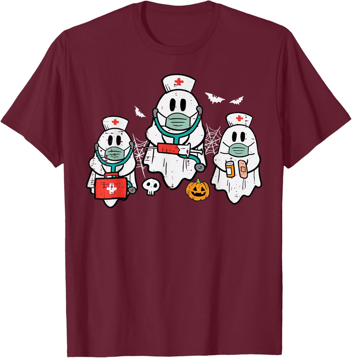 Halloween Ghost Nurses Funny ER Crew Costume Scrub Top Women T-Shirt - T-Shirt | Maroon