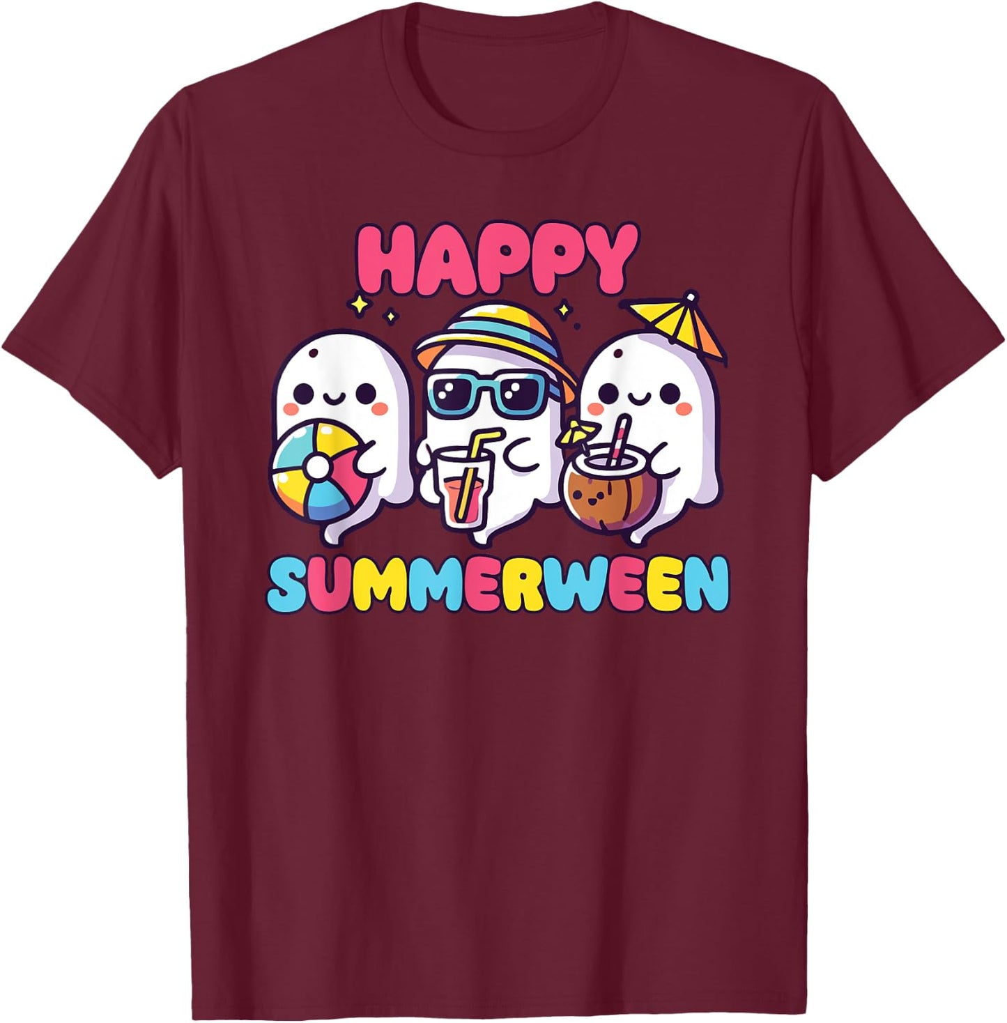Happy Summerween Summer Halloween Ghost T-Shirt - T-Shirt | Maroon