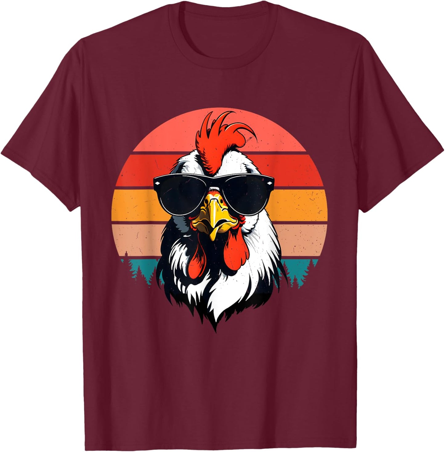 Funny Cool Sunset Retro 70s 80s 90s Chicken in Sunglasses T-Shirt - T-Shirt | Maroon