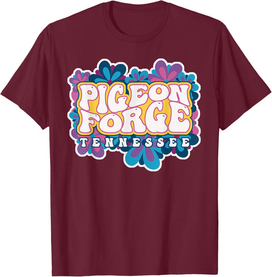 Pigeon Forge Tennessee Travel Hippie 70s Groovy Wavy Text T-Shirt - T-Shirt | Maroon