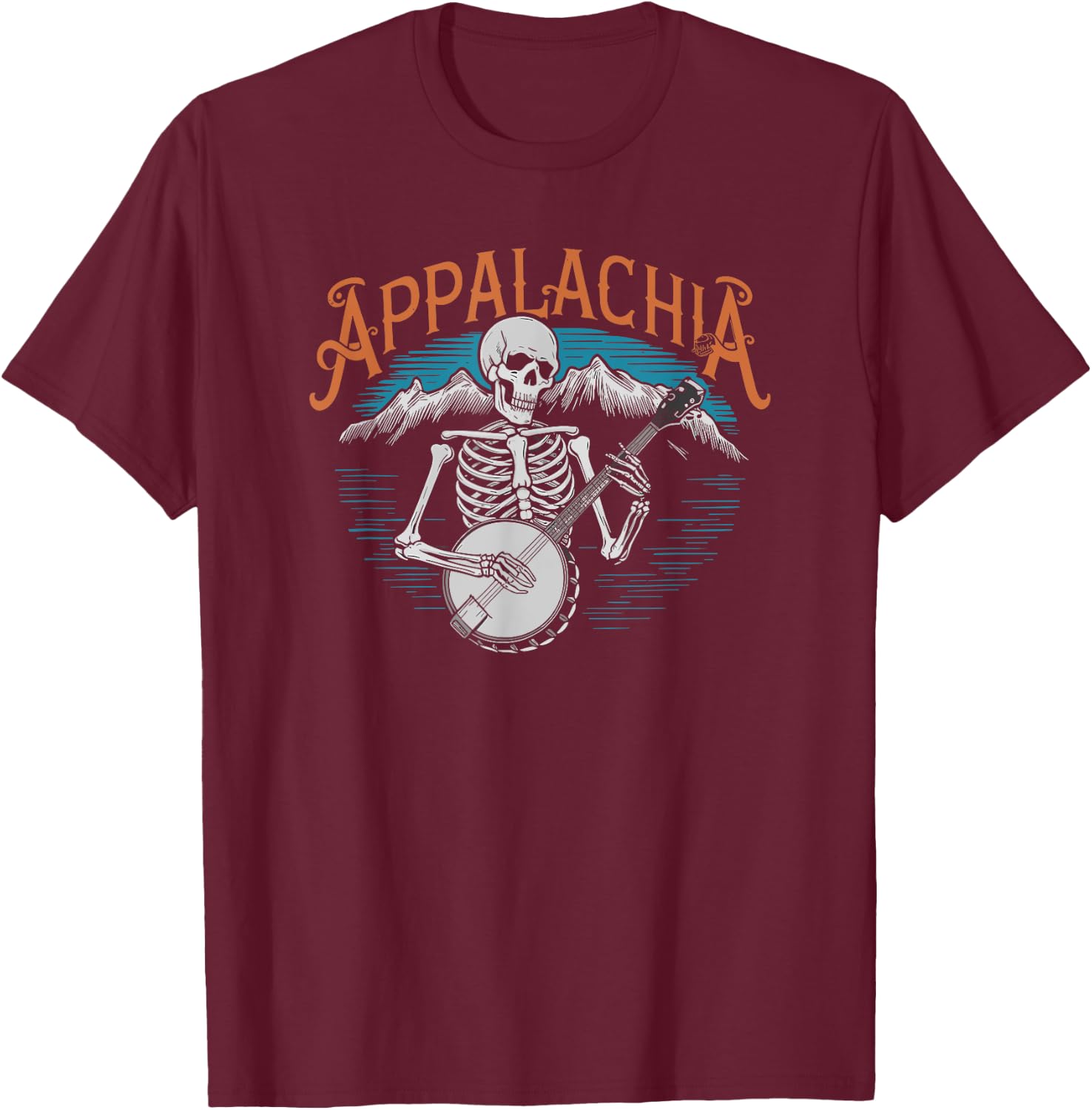 Bluegrass Banjo Skeleton, Appalachia Country Bluegrass Music T-Shirt - T-Shirt | Maroon