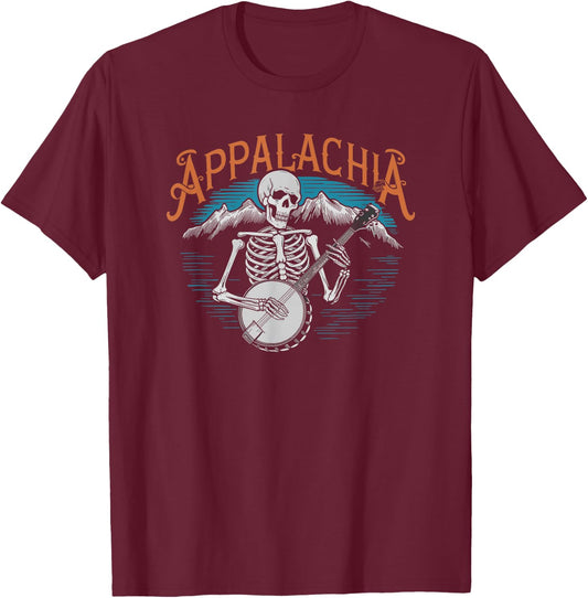 Bluegrass Banjo Skeleton, Appalachia Country Bluegrass Music T-Shirt - T-Shirt | Maroon