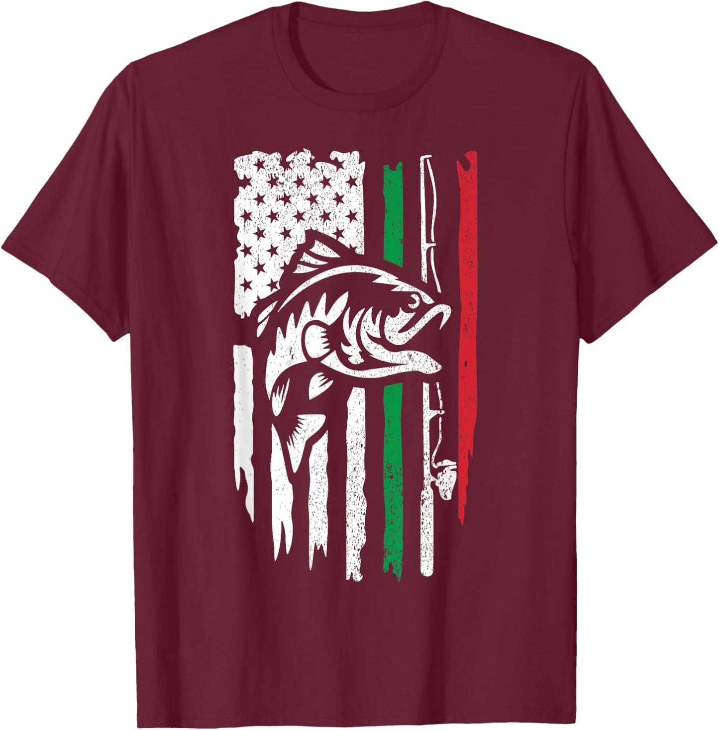 American Italian Bass Fishing Flag For Fisherman Italy USA T-Shirt - T-Shirt | Maroon
