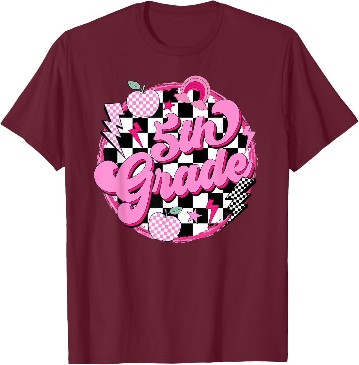 5th Grade Teacher Women Retro Checkered First Day of School T-Shirt - T-Shirt | Maroon