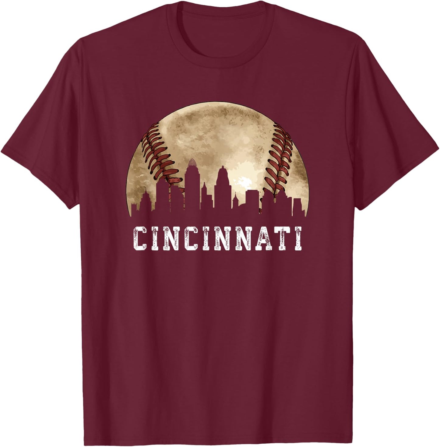 Cincinnati Skyline City Vintage Baseball Lover T-Shirt - T-Shirt | Maroon