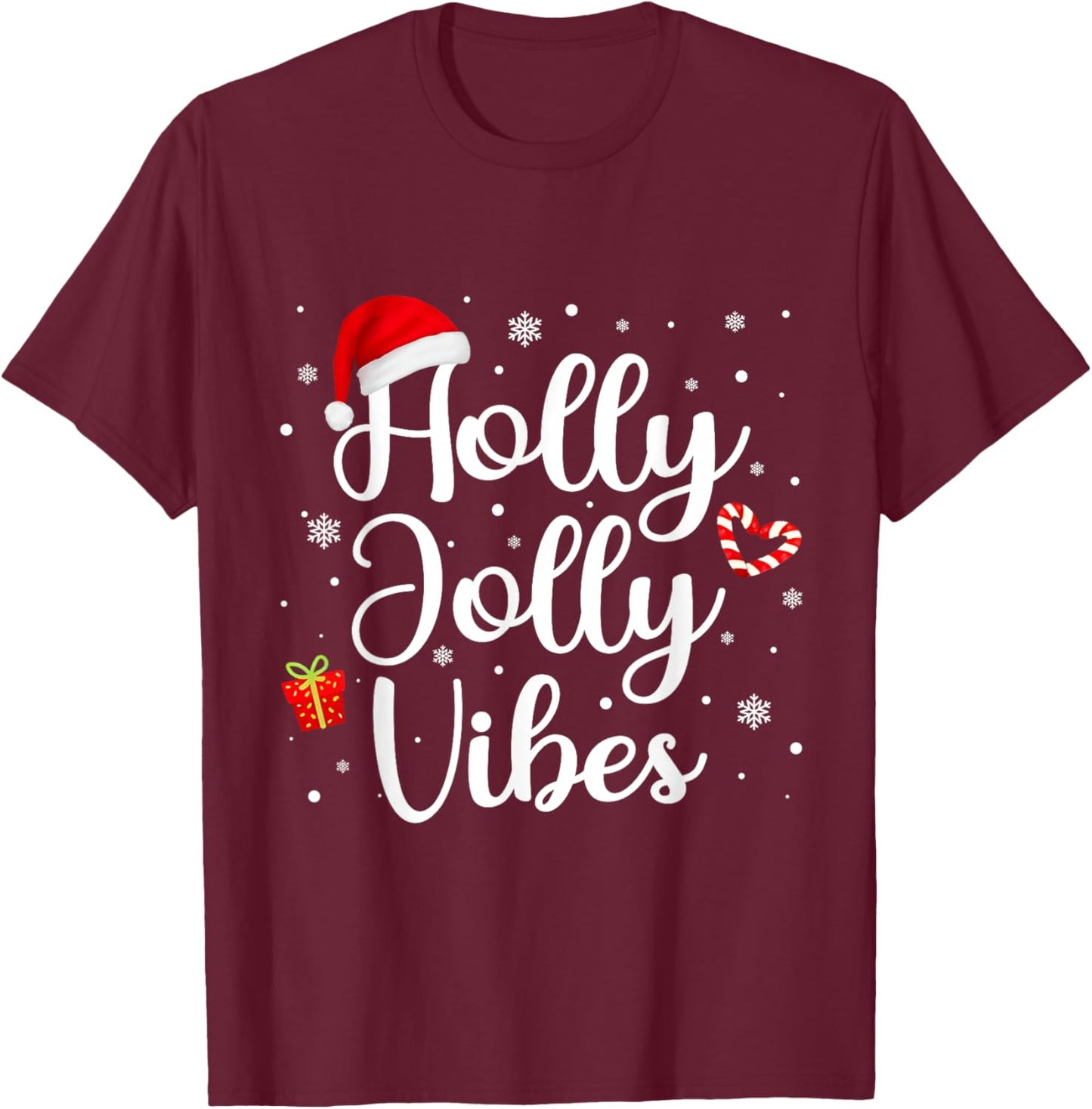 Cute Holly Christmas Jolly Vibes Santa Holiday Women Men T-Shirt - T-Shirt | Maroon