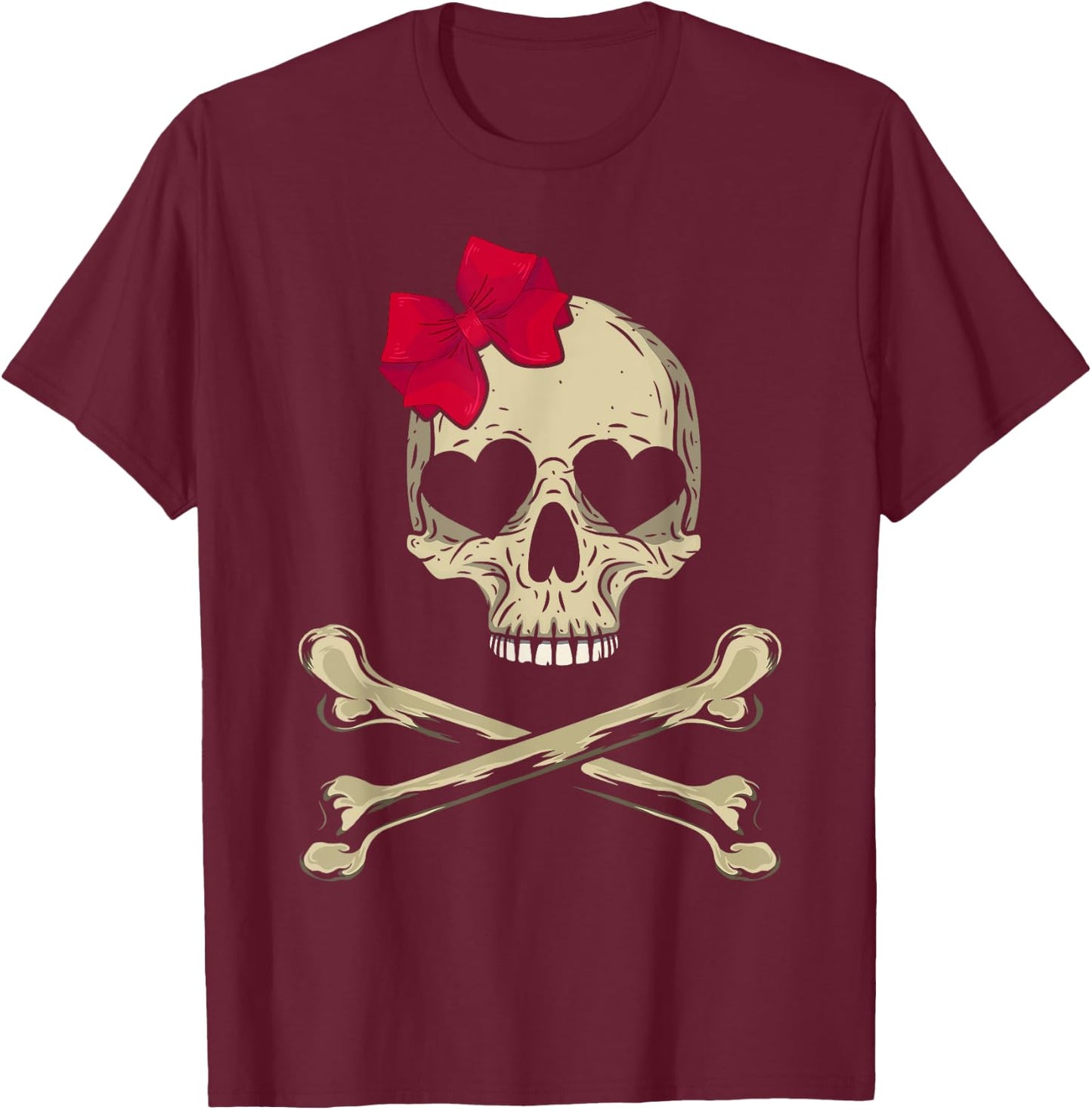 Cute Skull and Cross bone Pink Bow Tie Women Girls Adorable T-Shirt - T-Shirt | Maroon