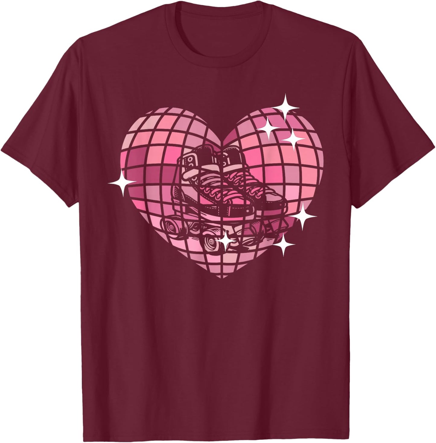 Cool Roller Skating Skate Girl 1970s Retro Disco Ball Heart T-Shirt - T-Shirt | Maroon