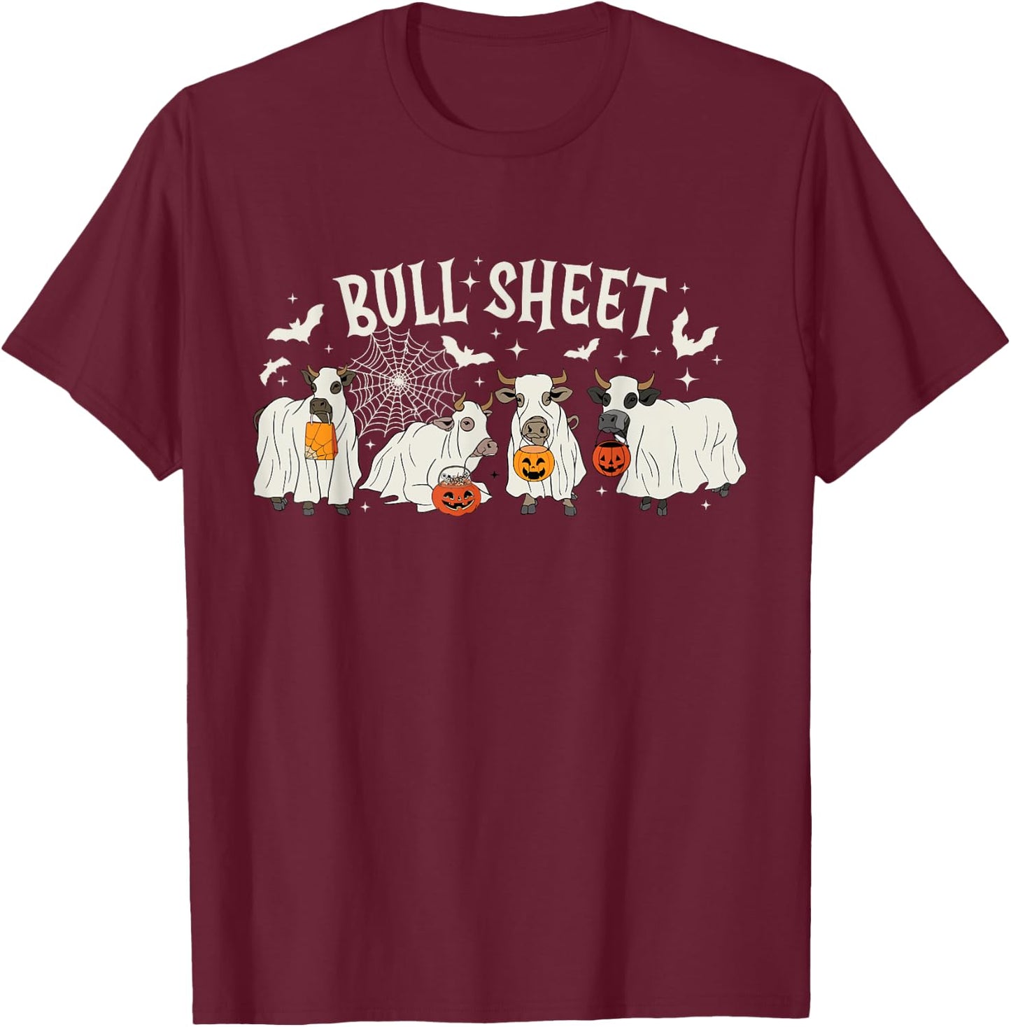 Funny Halloween Cow Bull Sheet Cow Ghost Spooky Season Farm T-Shirt - T-Shirt | Maroon