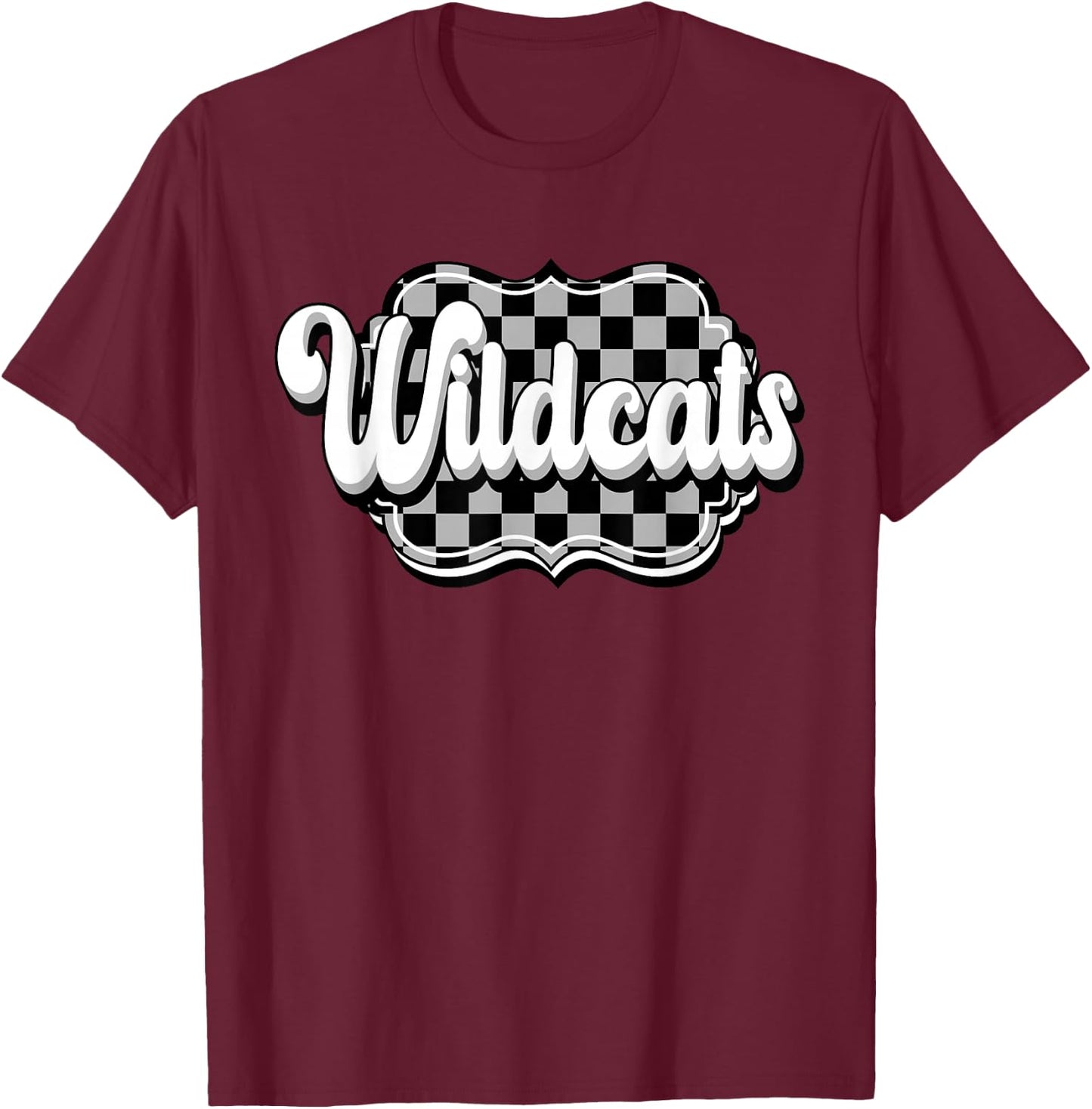 Wildcats School Spirit Retro Wildcats Checkered Print T-Shirt - T-Shirt | Maroon