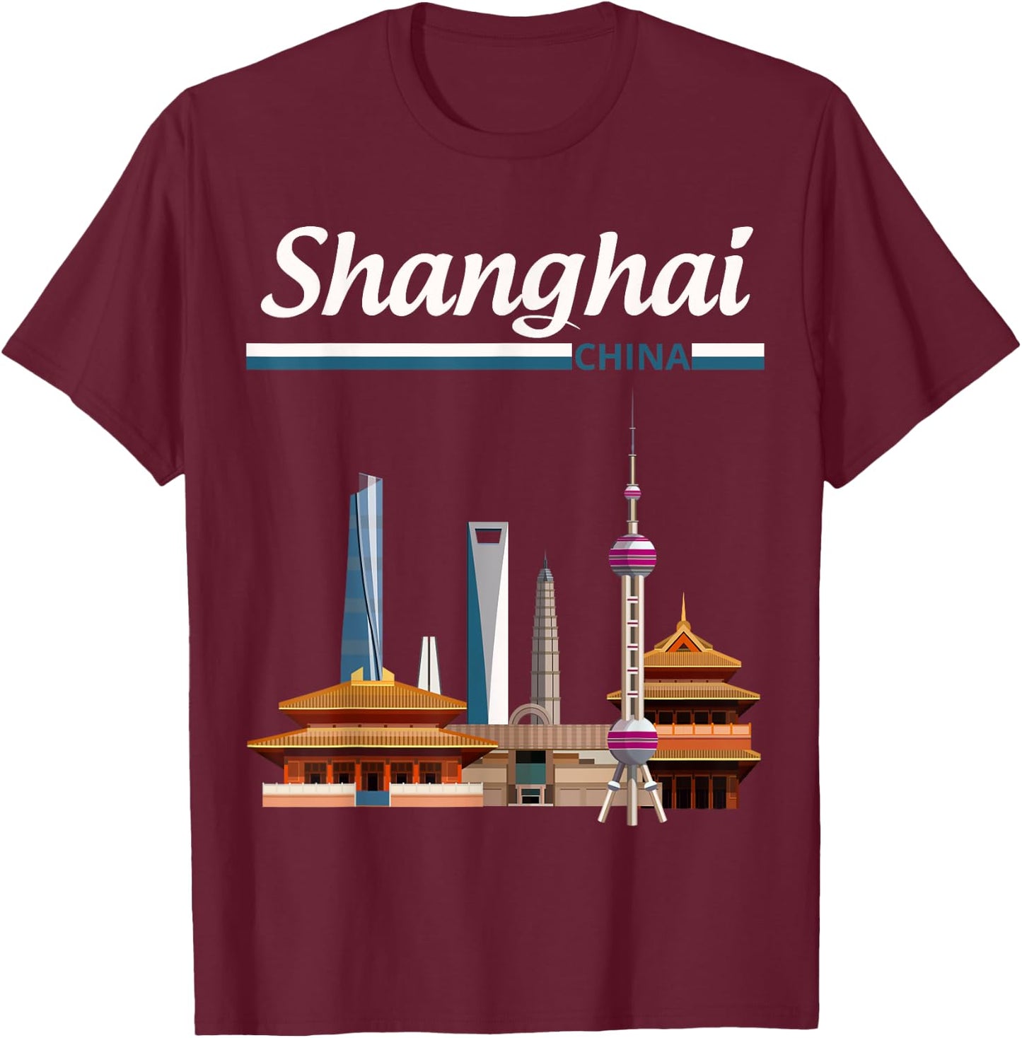 Shanghai city skyline with the Pearl Tower, Shanghai Tower T-Shirt - T-Shirt | Maroon