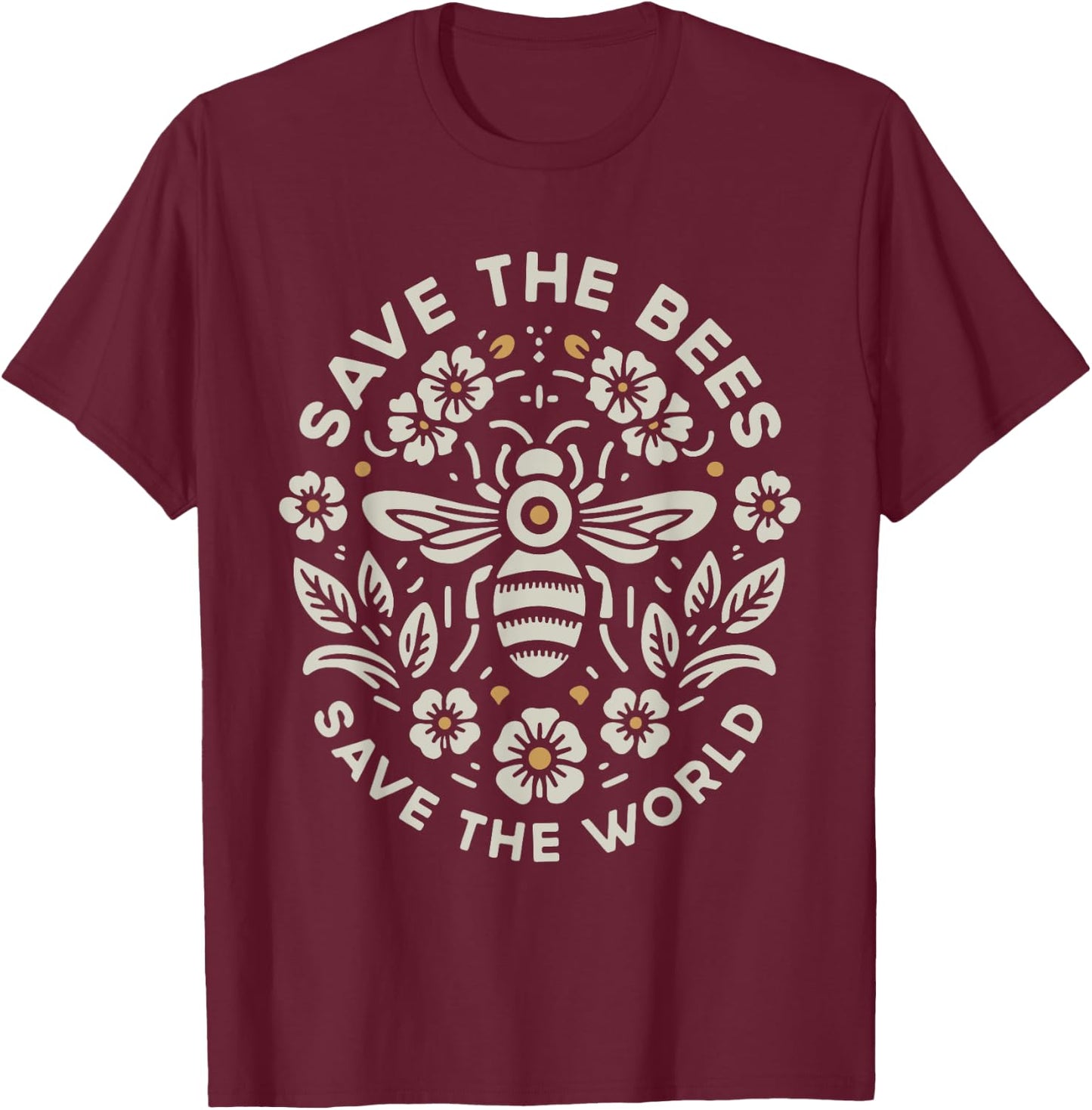 Save The Bees Save The World Floral Bee T-Shirt - T-Shirt | Maroon