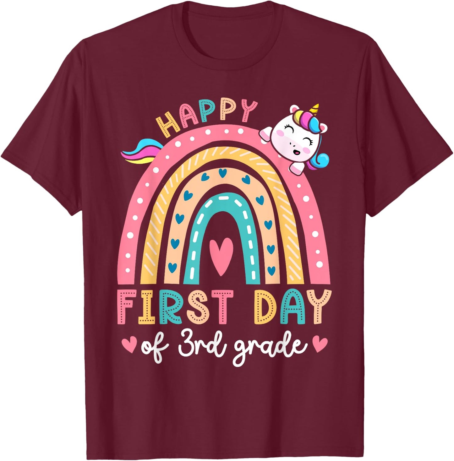 Happy First Day Of 3rd Grade Unicorn Girls Back To School T-Shirt - T-Shirt | Maroon