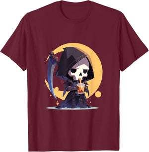 Cute Chibi Grim Reaper Drinking Boba Tea T-Shirt - T-Shirt | Maroon