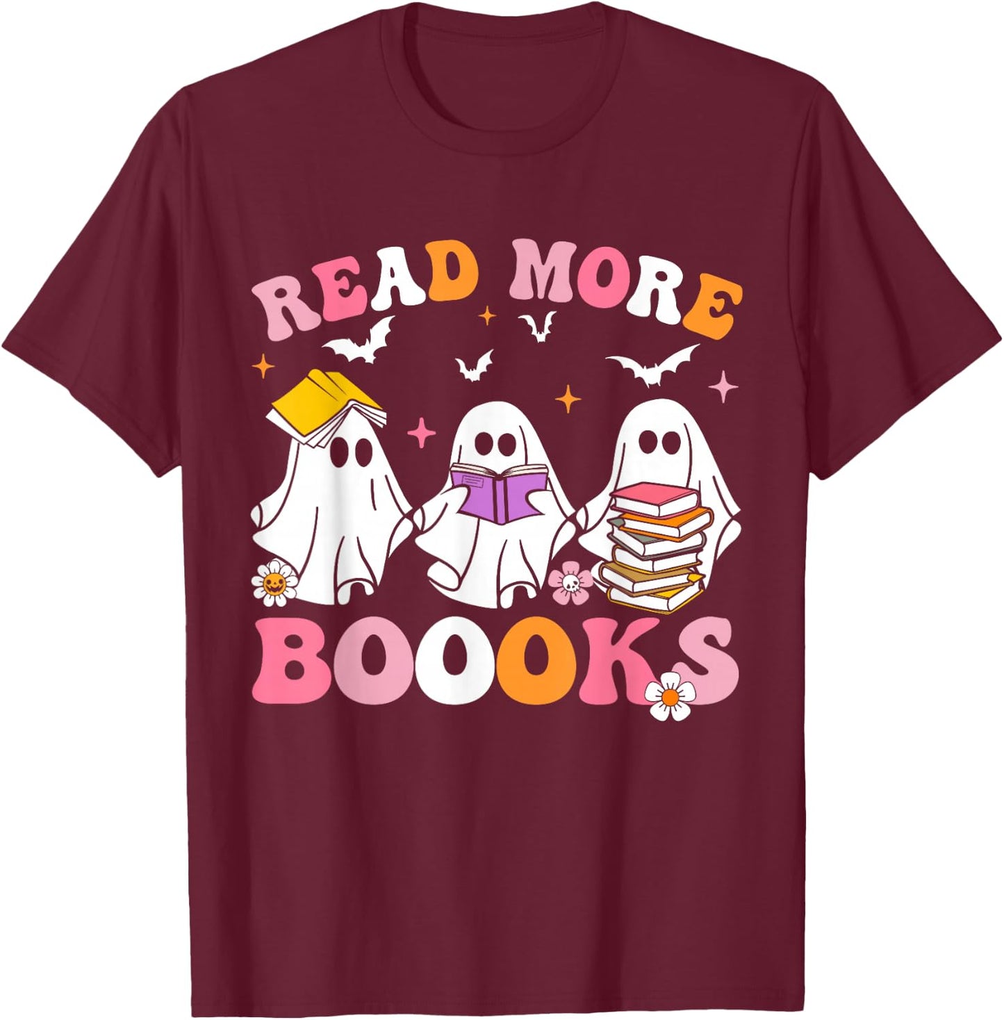 Groovy Cute Ghost Read More Books Funny Teacher Halloween T-Shirt - T-Shirt | Maroon