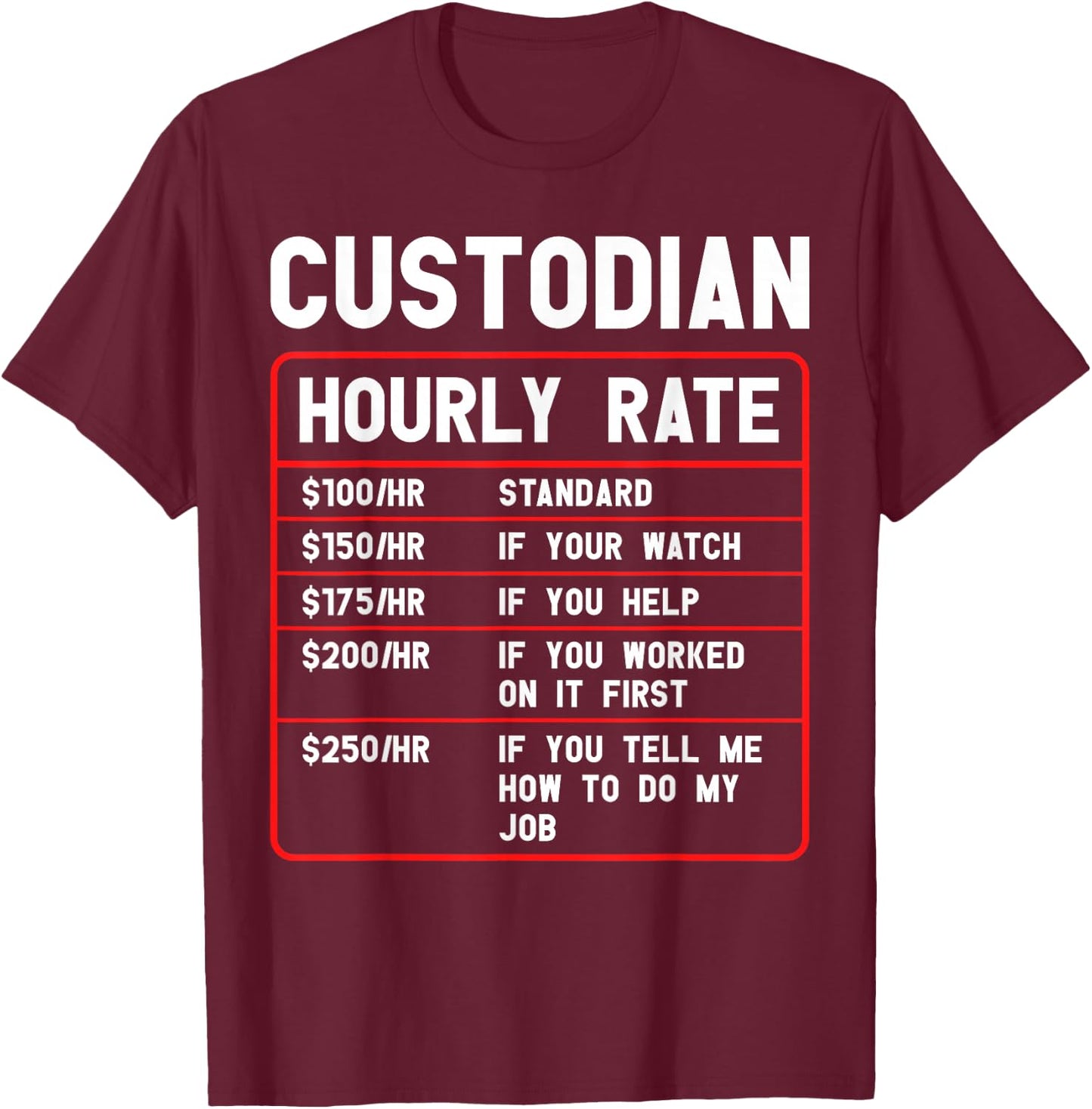 Custodian Janitor Day Hourly Rate Custodial School Custodian T-Shirt - T-Shirt | Maroon