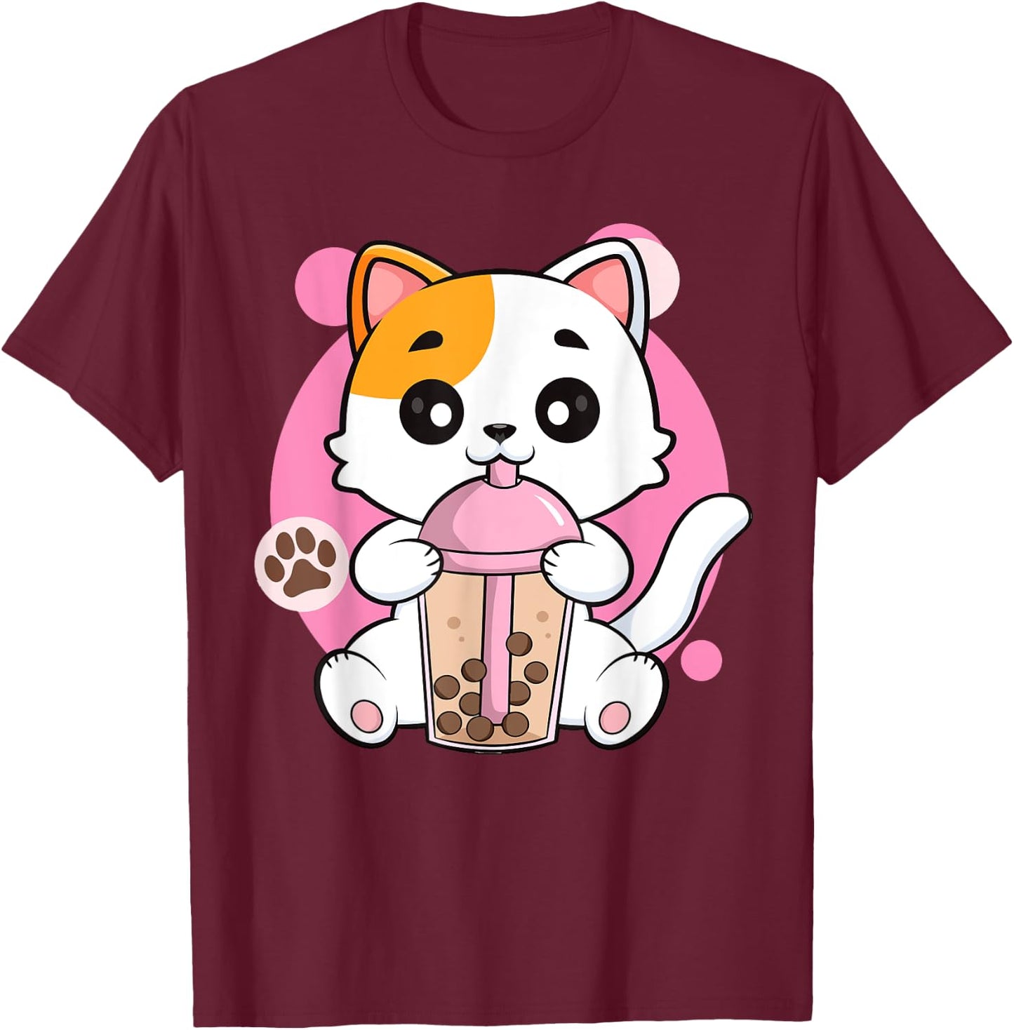 Cute Cat Shirt Boba Tea Anime Japanese Kids Teen Girl Kawaii T-Shirt - T-Shirt | Maroon