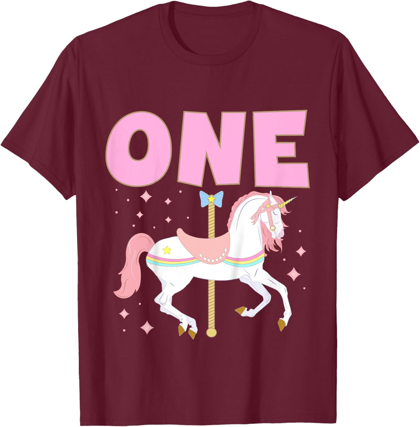 Kids Carousel Party First Birthday Baby Girl One Year Old Unicorn T-Shirt - T-Shirt | Maroon