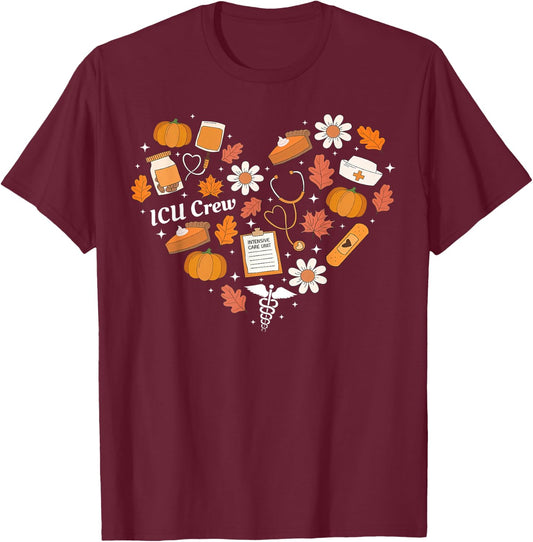 ICU Crew Nurse Fall Heart Autumn Pumpkin Thanksgiving CVICU T-Shirt - T-Shirt | Maroon