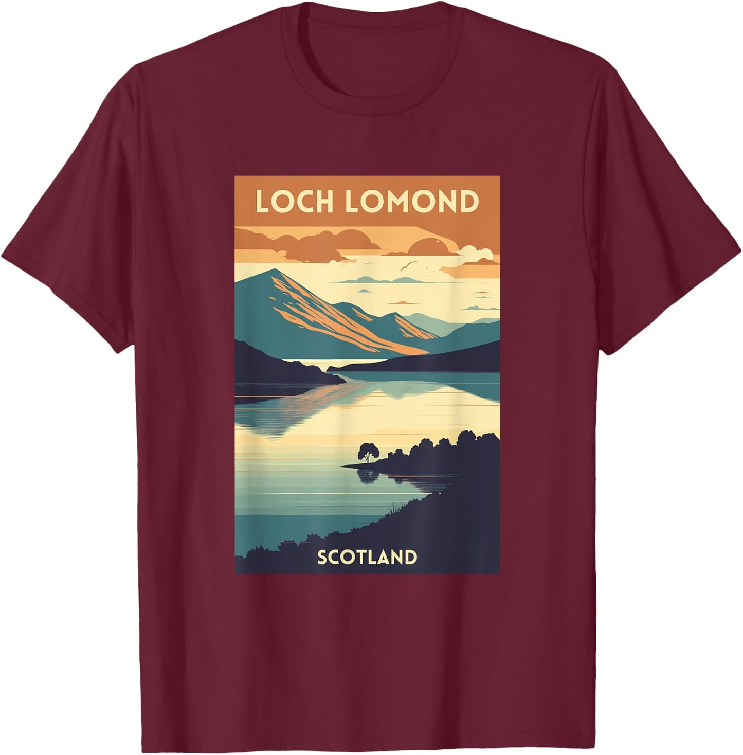 Loch Lomond Scotland Scottish Highlands UK Retro Travel T-Shirt - T-Shirt | Maroon