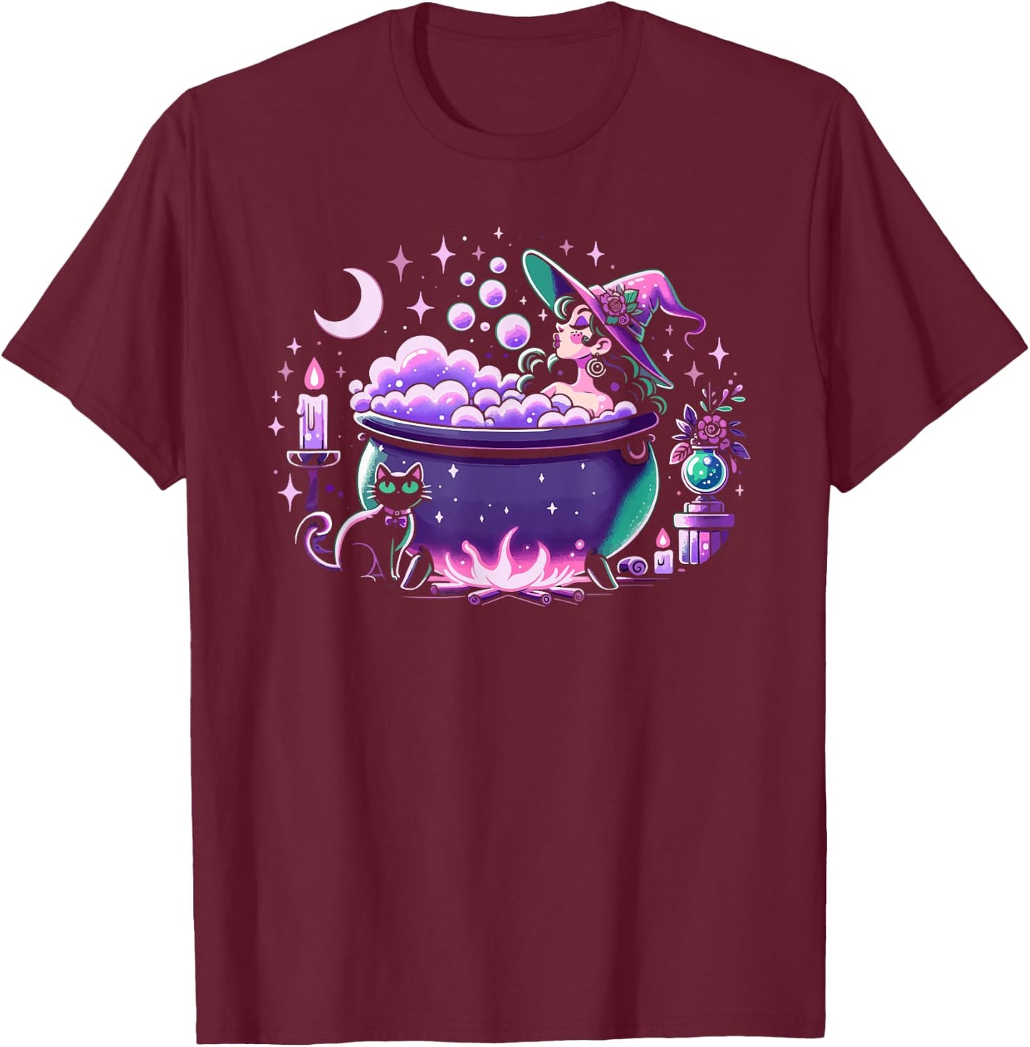 Witch Bubble Bath Cauldron Purple Pink Pastel Goth Cute Cat T-Shirt - T-Shirt | Maroon