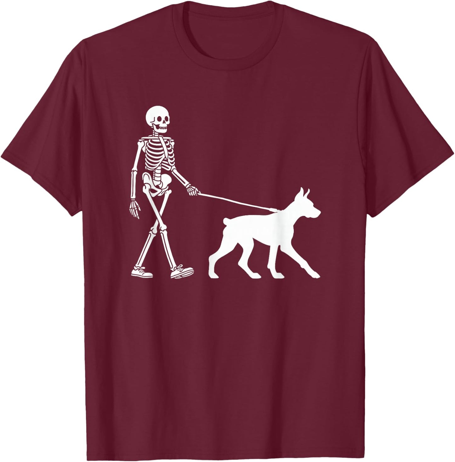 Skeleton Walking a Dog Doberman Pinscher Halloween Outfit T-Shirt - T-Shirt | Maroon